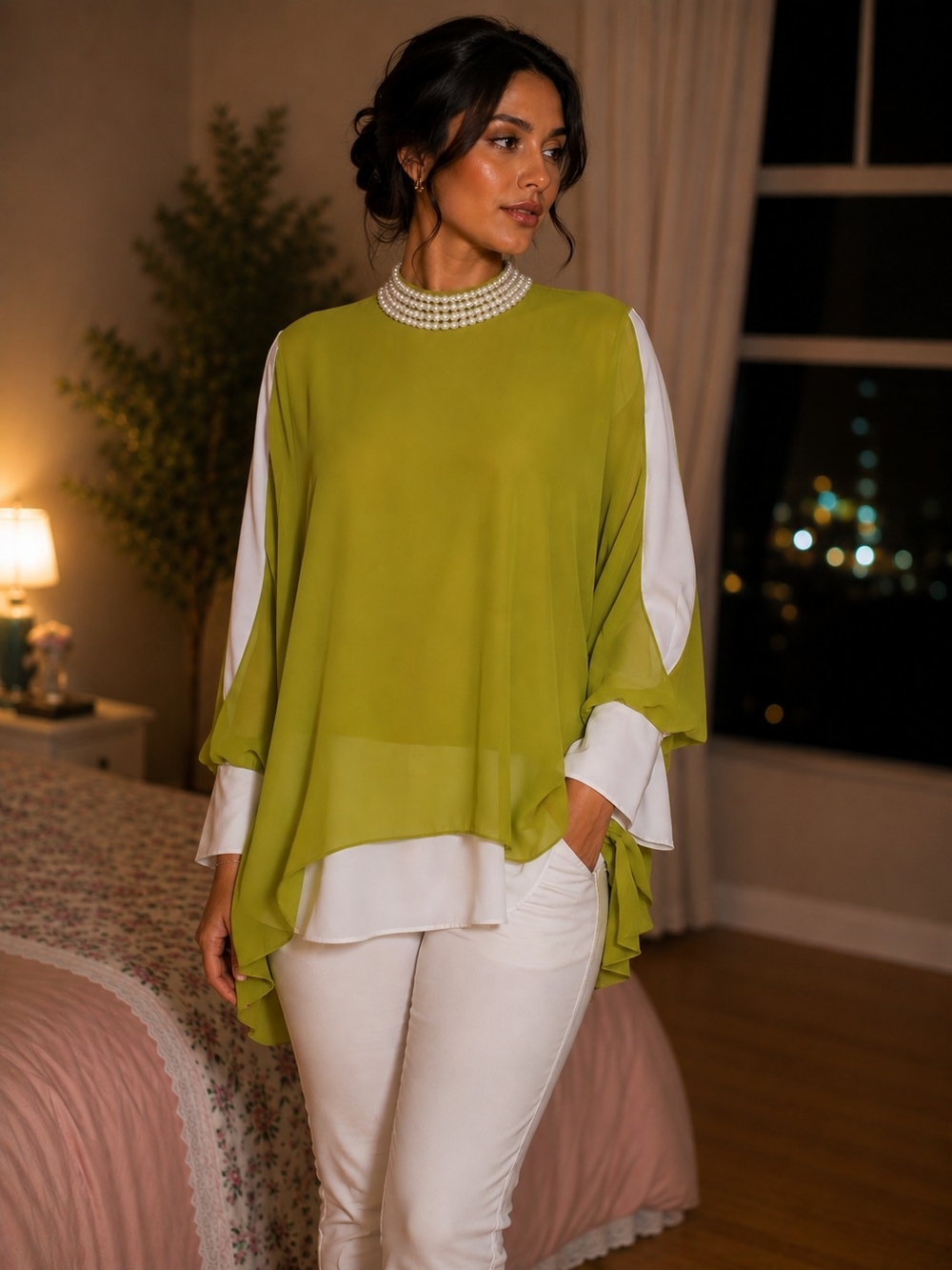 Chiffon Layered Olive Green Top with White Accents